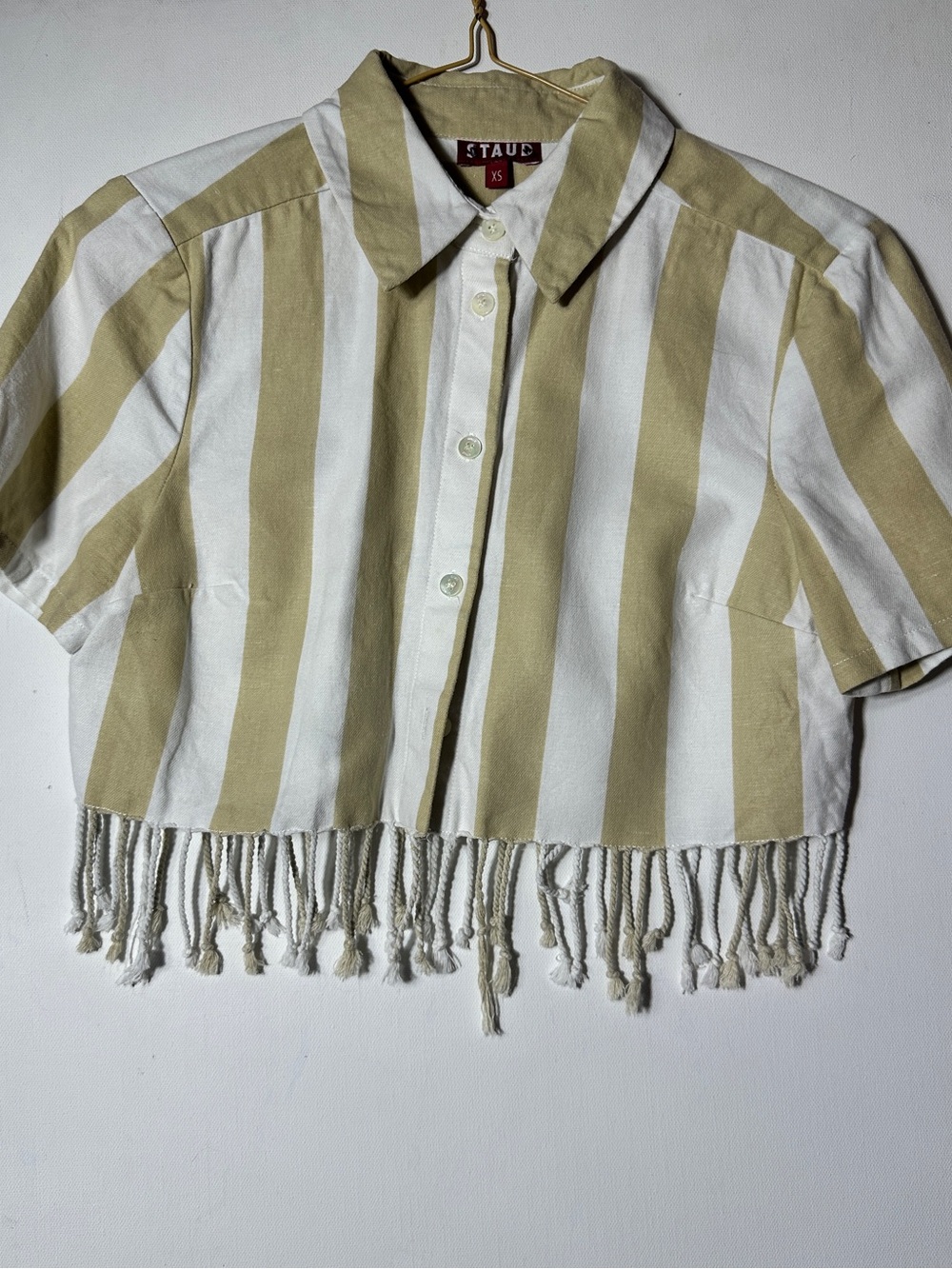 STAUD Beige and White Striped Fringed Cropped Button-Down have pants too!